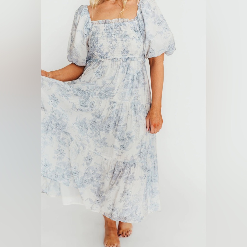 Blue Floral Smocked Maxi Dress with Puff Sleeves - Women